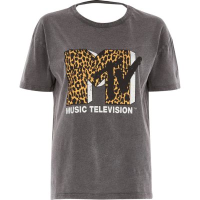 Grey washed leopard &#39;MTV&#39; logo loose T-shirt